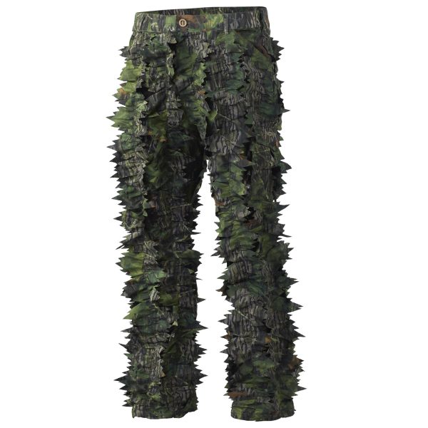 Camouflage ghillie pants with 3d leaf detailing in shades of green and brown.