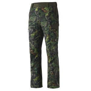 Camouflage hunting pants with green, brown, and black leaf patterns, featuring multiple pockets and belt loops.