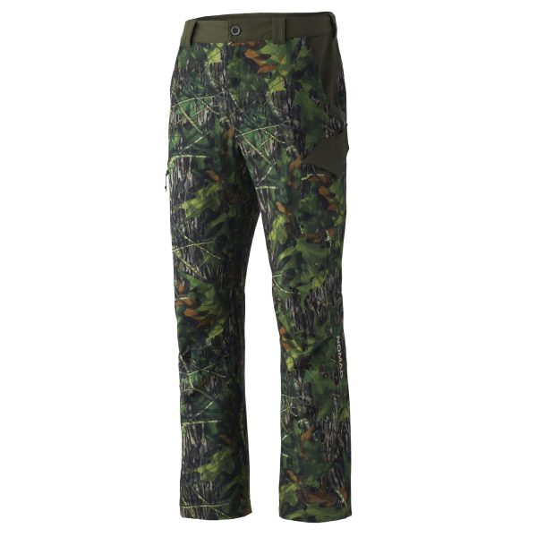 Camouflage hunting pants with green, brown, and black leaf patterns, featuring multiple pockets and belt loops.
