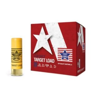 Stars and stripes target load ammo box in red with white star design and blue logo, alongside a yellow shotgun shell.