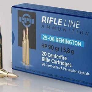 Ppu rifle line 25-06 remington ammunition box with two gold-colored cartridges, labeled as hp 90 gr | 5. 8 g, containing 20 centerfire rifle cartridges.