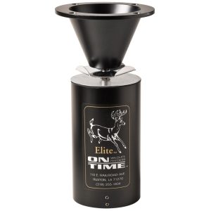 A black cylindrical wildlife feeder with a funnel top, featuring a gold deer logo and "Elite On Time Wildlife Feeders" text.
