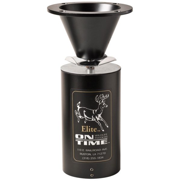 A black cylindrical wildlife feeder with a funnel top, featuring a gold deer logo and "elite on time wildlife feeders" text.