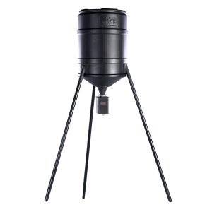 Black tripod deer feeder against a white background.