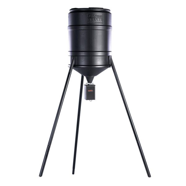 Black tripod deer feeder against a white background.