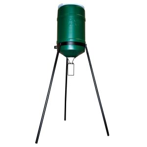 Green outdoor feeder with black tripod legs, white lid, and branding "On Time."
