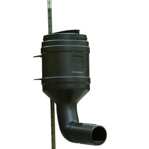 A black hunting game feeder mounted on a metal pole.