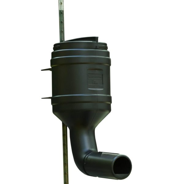 A black hunting game feeder mounted on a metal pole.