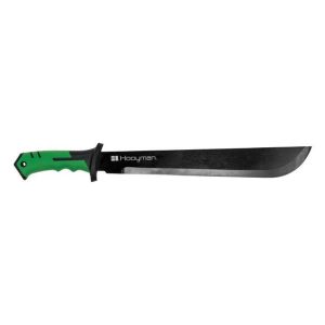 Machete with a green handle and black blade, labeled "Hooyman."