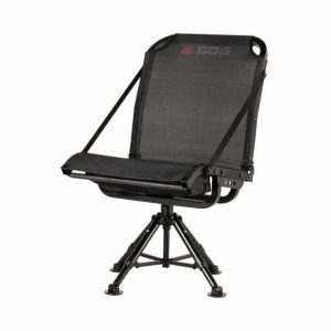 Black BOG hunting chair with mesh backrest, swivel base, and adjustable legs.