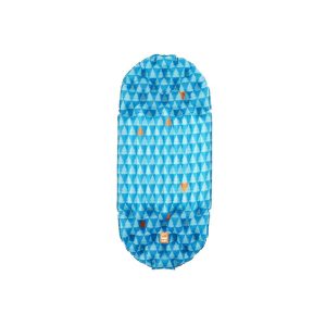 A blue inflatable camping mat with a pattern of light blue and orange triangles resembling trees, featuring a small brand logo near the bottom.