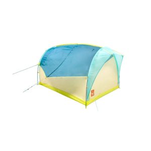 A blue and yellow camping tent with a semi-transparent blue canopy and light yellow base, featuring a small orange logo.
