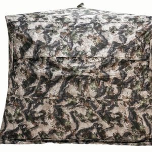 Camouflage hunting blind with a green, brown, and gray pattern.