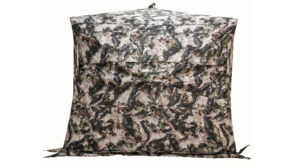 Camouflage hunting blind with a green, brown, and gray pattern.