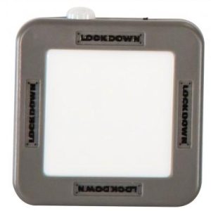 Alt text: Gray device with a white screen and black "Lockdown" branding on its sides.