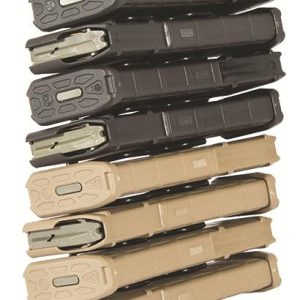 Stack of black and tan firearm magazines on a Lockdown rack.