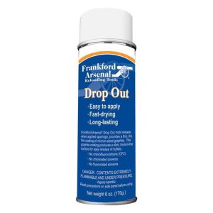 A can of Frankford Arsenal Drop Out mold release spray, featuring a blue and white label with text about its easy application and fast-drying properties.