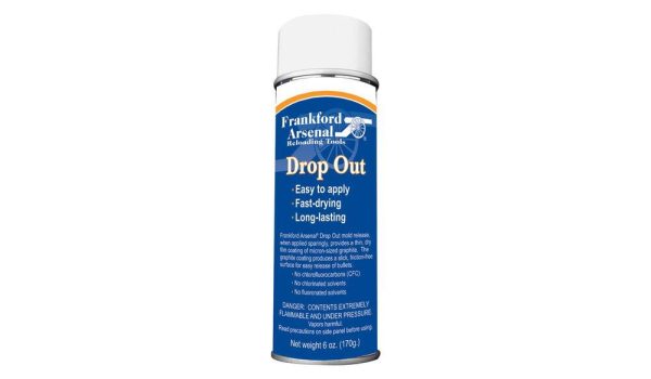A can of frankford arsenal drop out mold release spray, featuring a blue and white label with text about its easy application and fast-drying properties.