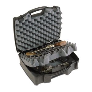 Black plastic gun case with gray egg-crate foam interior, containing several firearms with wooden and metal parts.