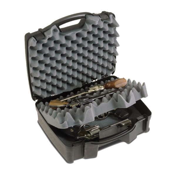 Black plastic gun case with gray egg-crate foam interior, containing several firearms with wooden and metal parts.