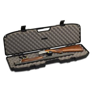 Black hard gun case with a cushioned interior containing a disassembled firearm with a wooden stock.