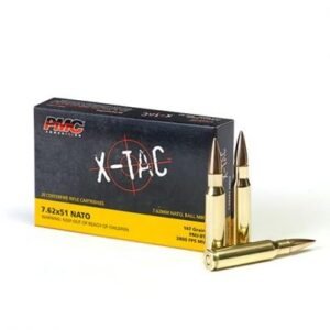 Pmc x-tac 7. 62x51 nato ammunition box with two brass cartridges, highlighting firearms and ammo availability in casey, iowa.