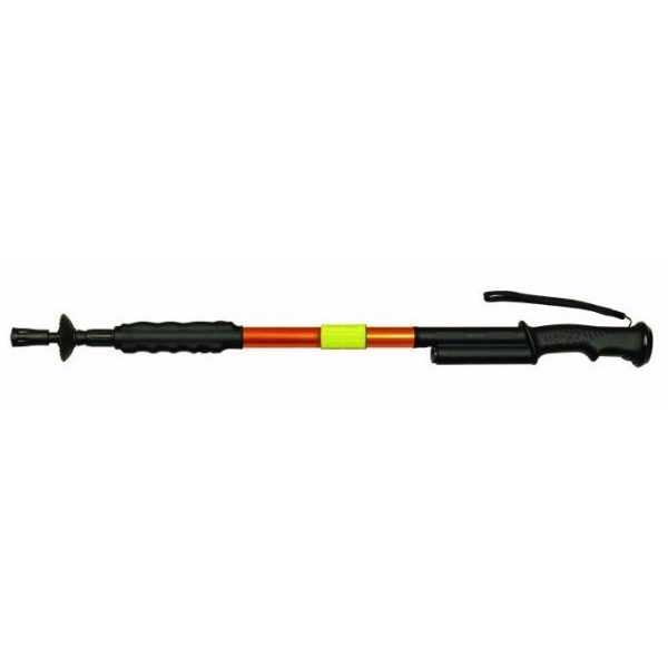Red and black pro-shot shotgun bore cleaning tool with an orange and neon green handle.