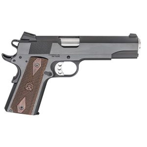 A black and silver semi-automatic handgun with brown textured wooden grips, featuring intricate metallic detailing on the handle.