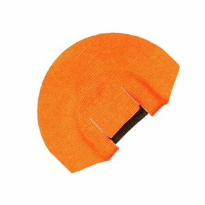 Bright orange textured cloth half-circle with black backing.