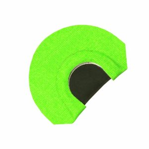 A bright lime green turkey diaphragm call with a black reed used for hunting purposes.