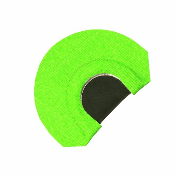 A bright lime green turkey diaphragm call with a black reed used for hunting purposes.