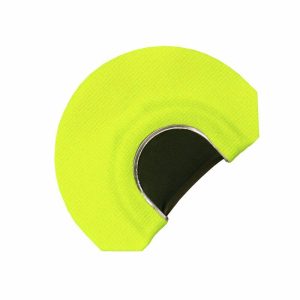 A bright yellow mouth call with a black reed and a metallic frame.