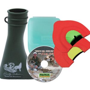 Mouth call kit featuring an olive green megaphone, aqua blue case, instructional DVD, and red mouthpieces with green accents.