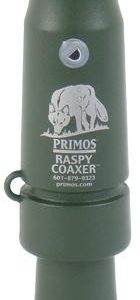 Olive green Primos Raspy Coaxer hunting call with wolf graphic and text.