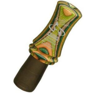 Alt text: "Vibrant green, orange, and yellow duck call with brown mouthpiece, featuring detailed camouflage pattern and logo."