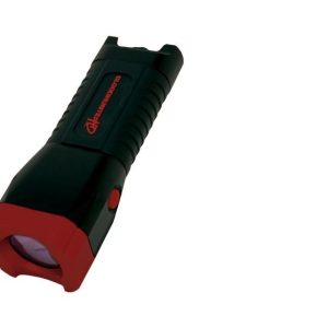 A black and red tactical flashlight with black body and red accents, angled view.