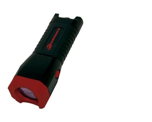 A black and red tactical flashlight with black body and red accents, angled view.