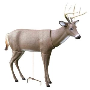 A realistic brown deer 3D target with antlers and an adjustable metal stand.