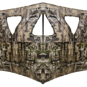 Camo-patterned hunting blind in earth tones with mesh windows and zipper details.