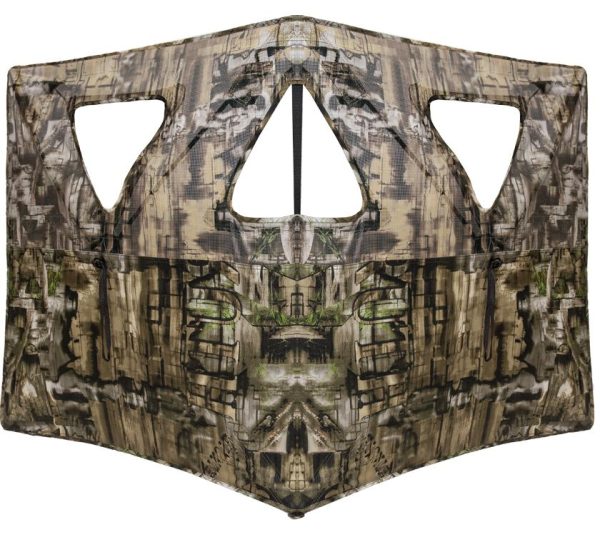 Camo-patterned hunting blind in earth tones with mesh windows and zipper details.