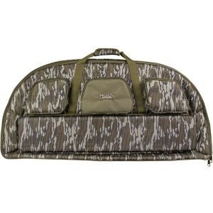 Camouflage-patterned firearm bag with green accents, featuring multiple storage pockets, designed for guns and ammo.