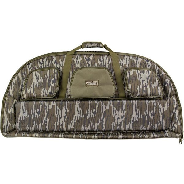 Camouflage-patterned firearm bag with green accents, featuring multiple storage pockets, designed for guns and ammo.