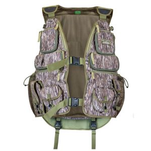 Camo hunting vest with multiple pockets and green trim, suitable for carrying ammo, located in Casey, Iowa.