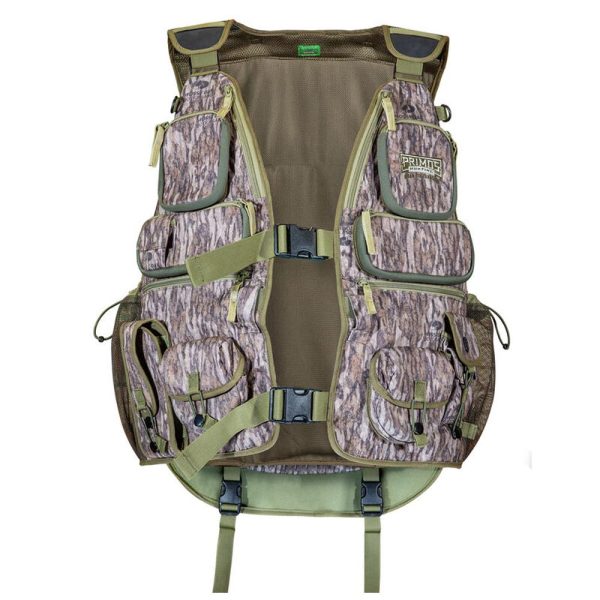 Camo hunting vest with multiple pockets and green trim, suitable for carrying ammo, located in casey, iowa.