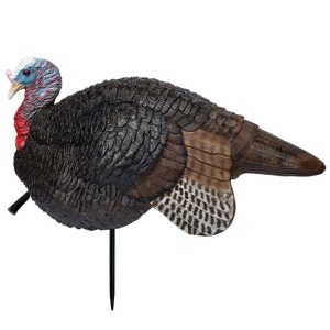 A realistic turkey decoy with detailed multicolored feathers, blue and red accents on the head, and a black support stake.