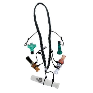 A black lanyard with duck calls in various colors, including teal, amber, and white, attached with black cords.