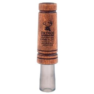 Wooden deer call with engraved Primos logo, brown tone, transparent mouthpiece, labeled Hardwood Fawn Bleat.