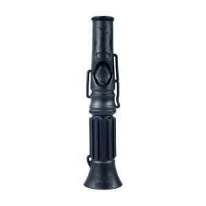Black rubber hunting call device with ribbed grip and embossed branding.