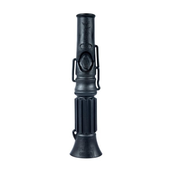 Black rubber hunting call device with ribbed grip and embossed branding.
