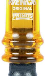 Transparent amber Primos deer call with black mouthpiece featuring white logo and text.